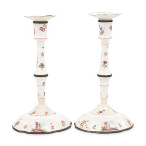 A Pair of English Enameled Candlesticks
Late