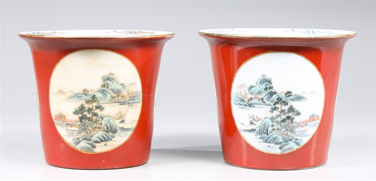 Pair of red ground Chinese enameled