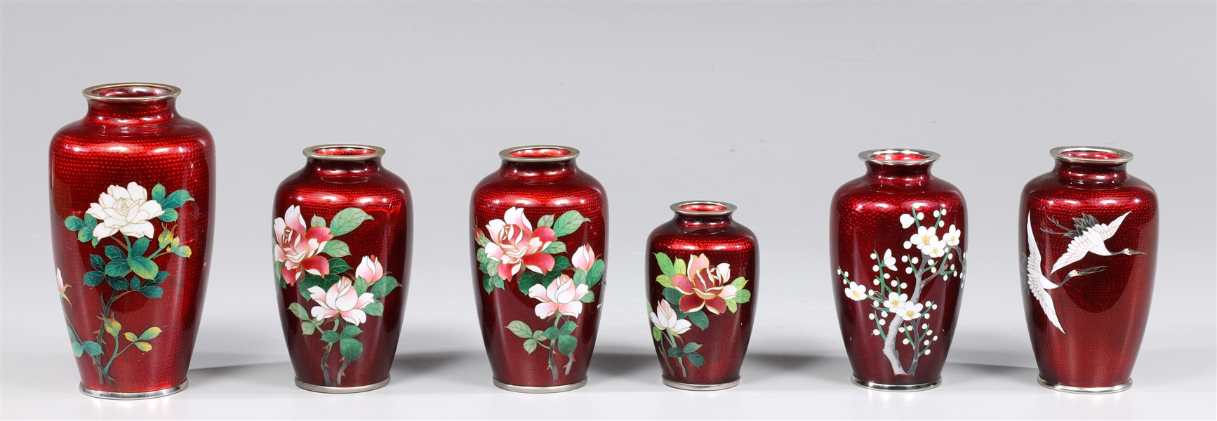 Group of six Japanese red cloisonné