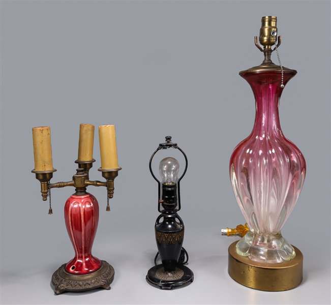 Group of three antique table lamps,