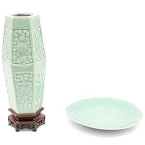 Two Chinese Molded Celadon Glazed