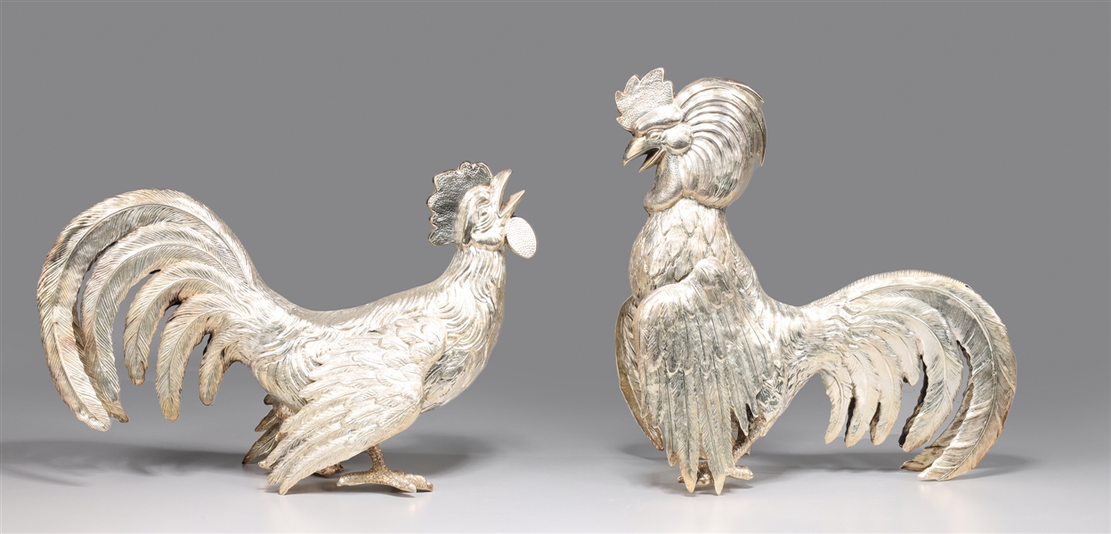 Pair of Spanish silver fighting roosters,