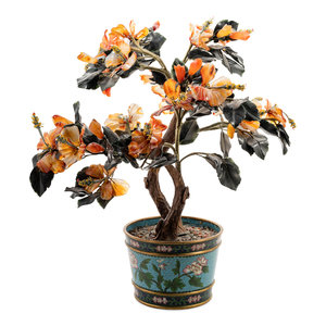 A Chinese Hardstone Tree in a Cloisonné