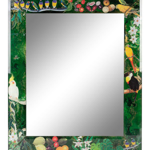 A Reverse Painted Mirror depicting Tropical
