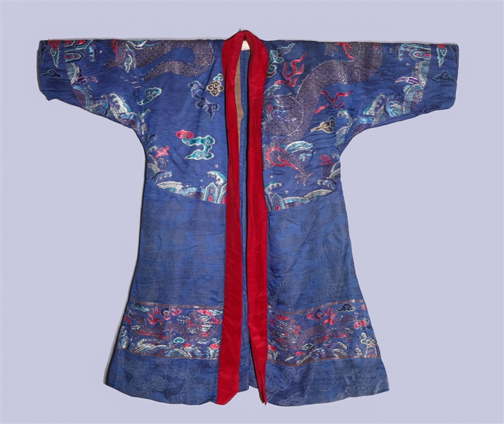 Chinese blue embroidered silk robe