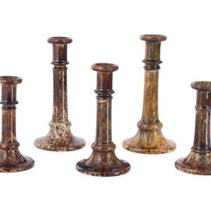 Five Rockingham Glaze Candlesticks American  2a944b