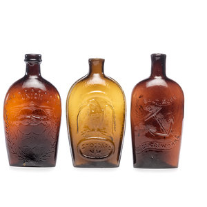 Three Molded Glass Amber Flasks American  2a94c7