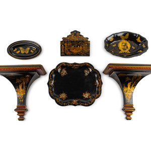 A Group of Six Black and Gilt Lacquer 2a964e