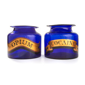 Two Painted Blue Glass Apothecary