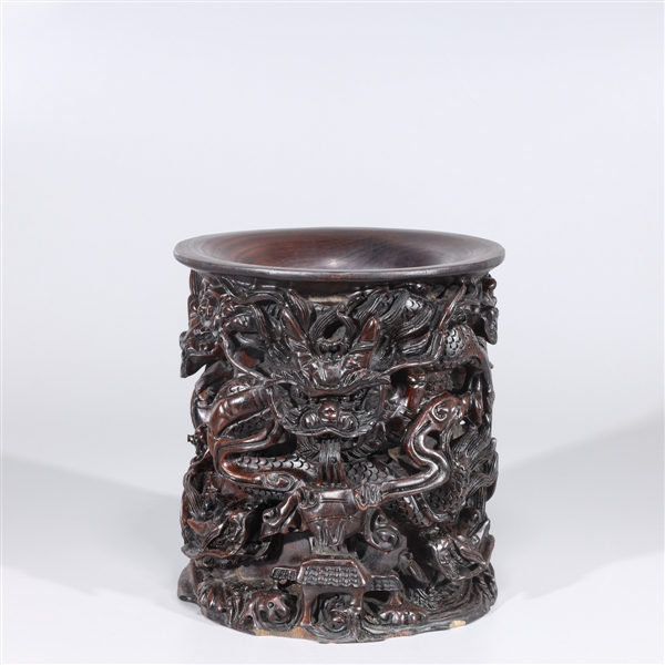 Chinese wooden brush pot with allover