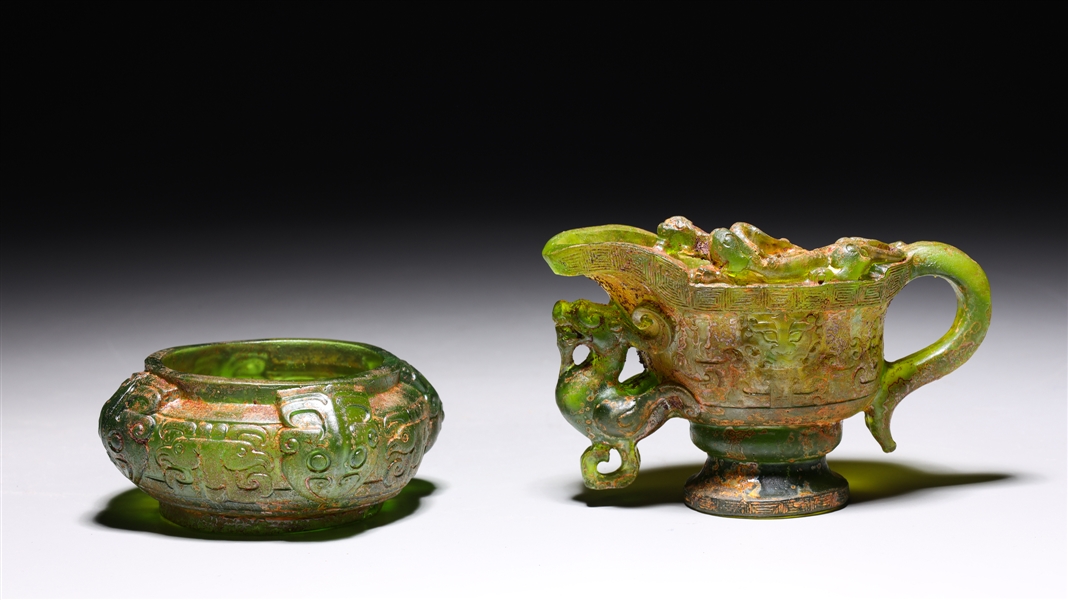 Two Chinese green glass archaistic 2acf05