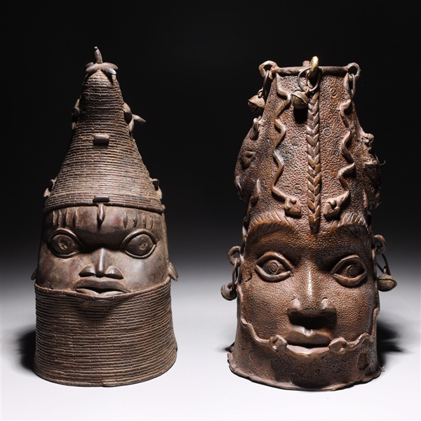 Two large Benin bronze heads, one