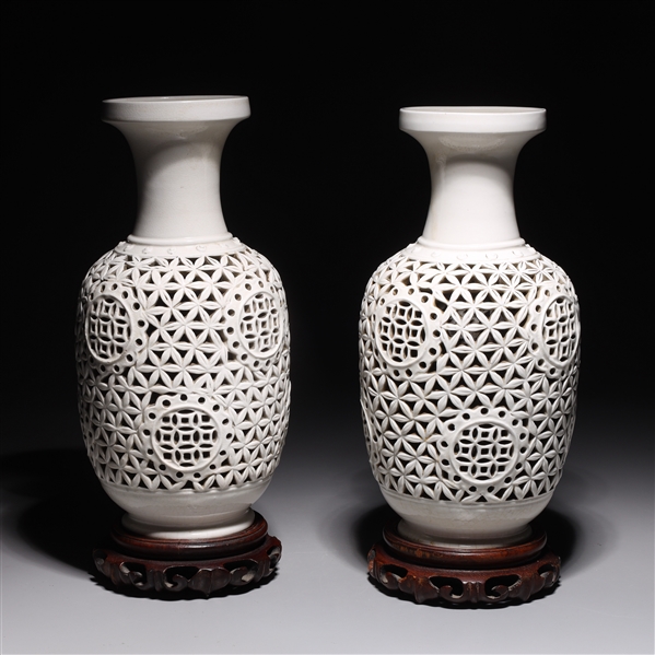 Pair of white glazed Chinese latticework 2ad012