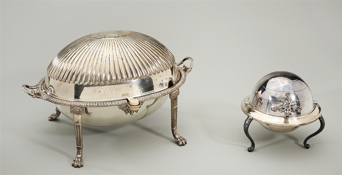 Two silver plate revolving lid covered