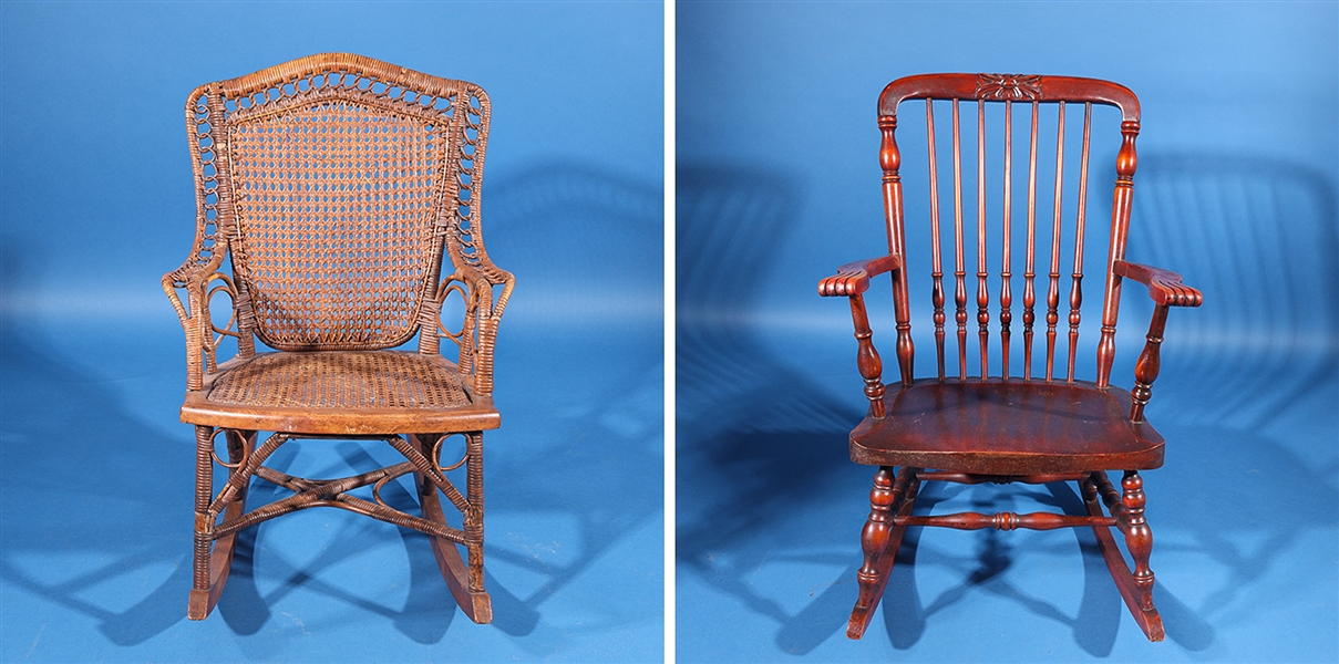 Two vintage wooden rocking chairs, one