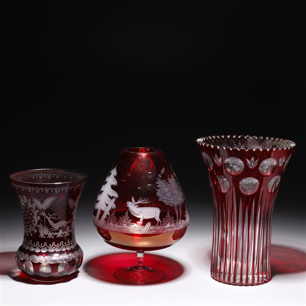Group of three ruby red cut glass