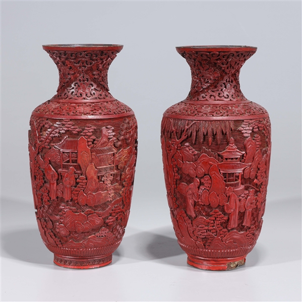 Pair of Chinese carved cinnabar