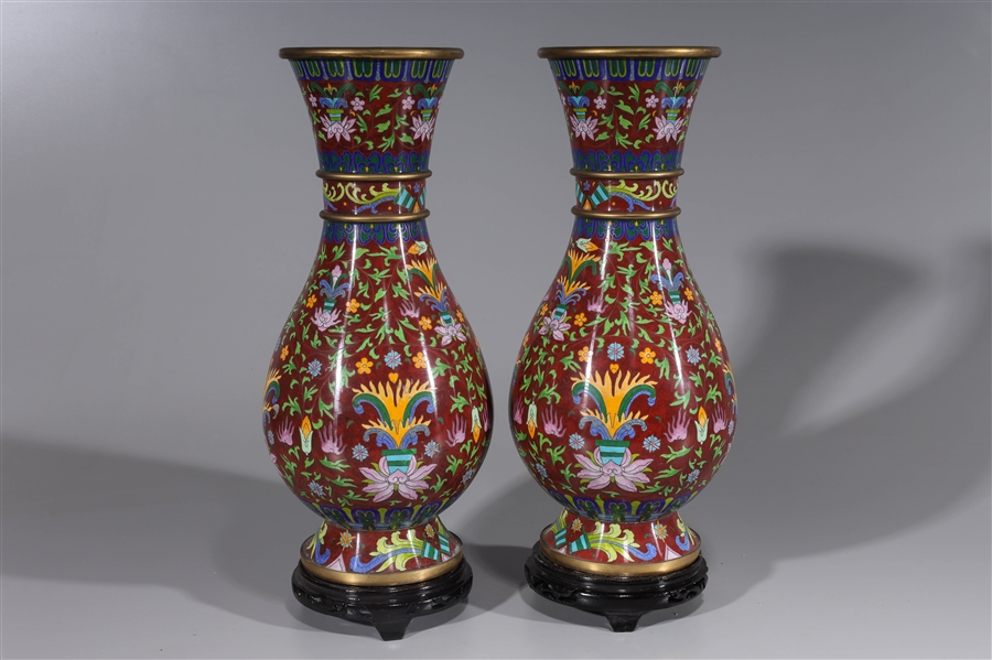 Pair Chinese red ground cloisonne 2ad29b