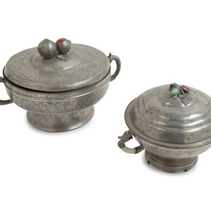 Two Chinese Hardstone Inset Pewter