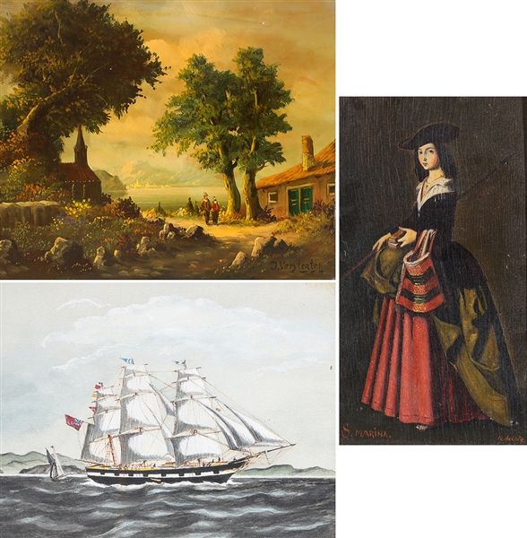 Group of three old paintings including
