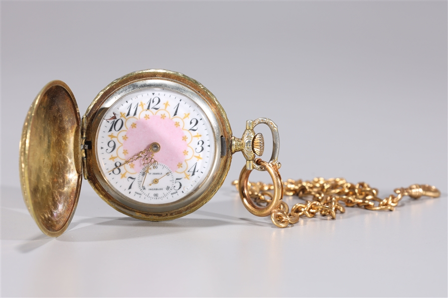Gold plated pocket watch with fob,