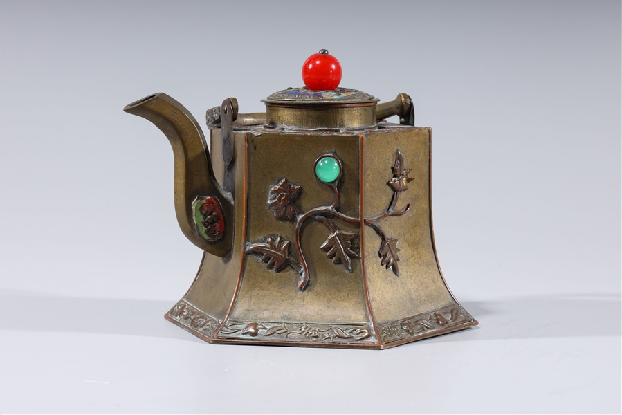 Vintage Chinese metal hexagonal teapot;