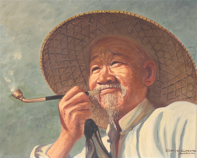 Oil painting of old man smoking