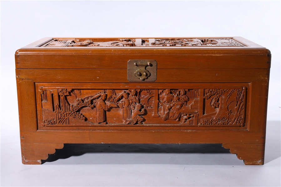 Chinese carved wood chest, with hinged