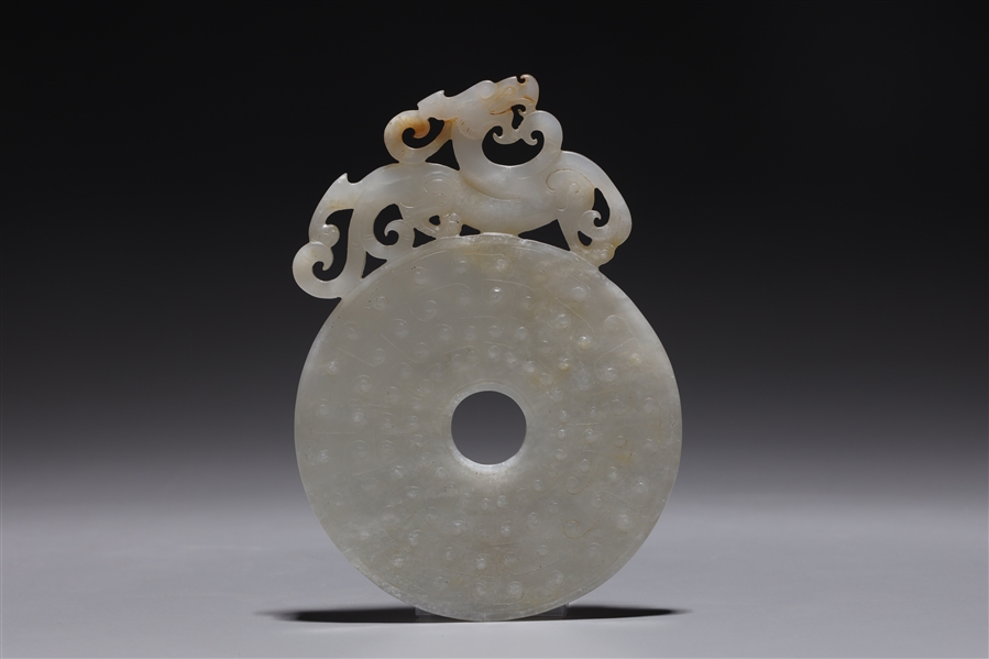 Chinese archaistic jade carved bi; wood