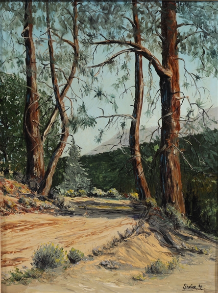 Oil on board painting of a wooded