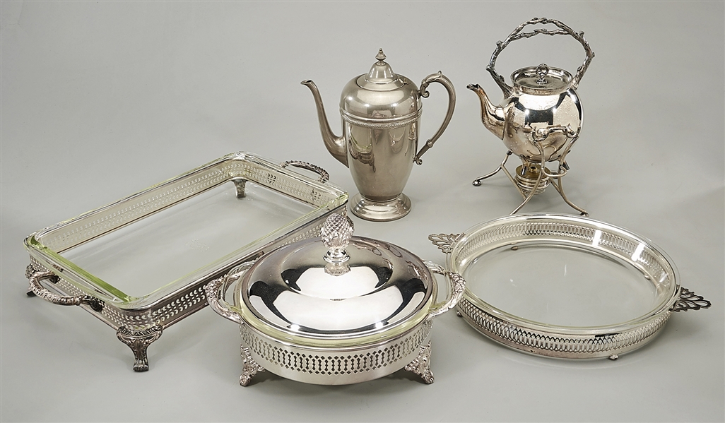 Five silver plate and pyrex serving 2ada1e