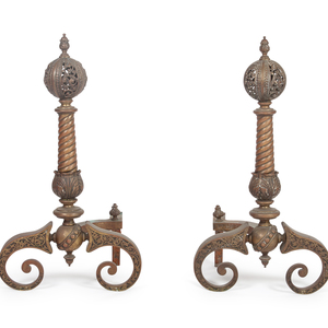 A Pair of Brass Andirons
each with pierced