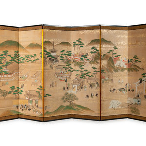 A Japanese Painted Paper Six-Panel