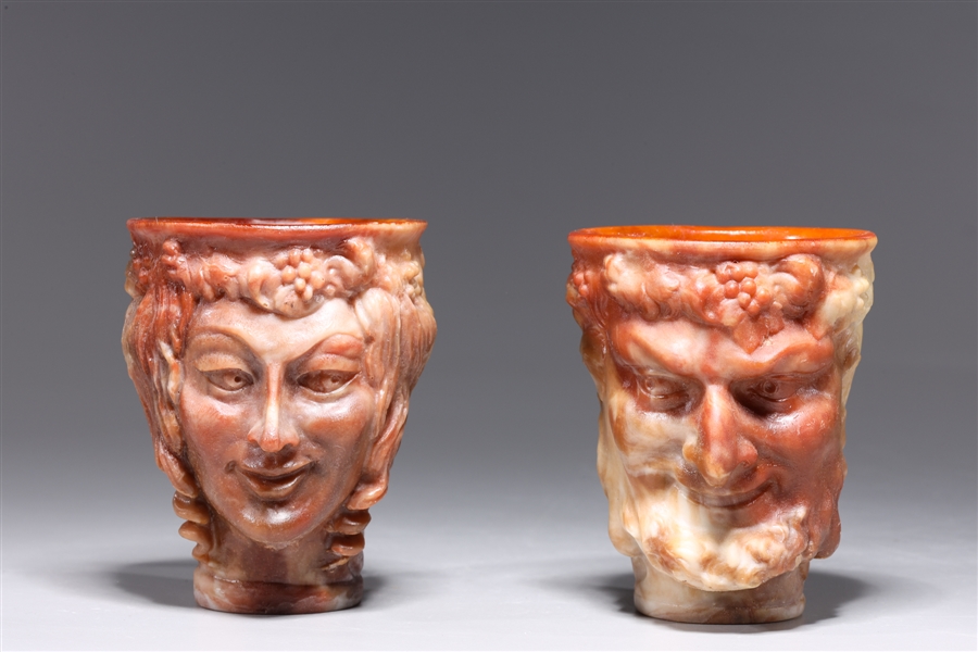 Pair of incolay stone cups carved 2abcdf