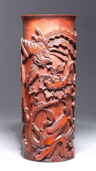 Chinese wooden brush pot with elaborately