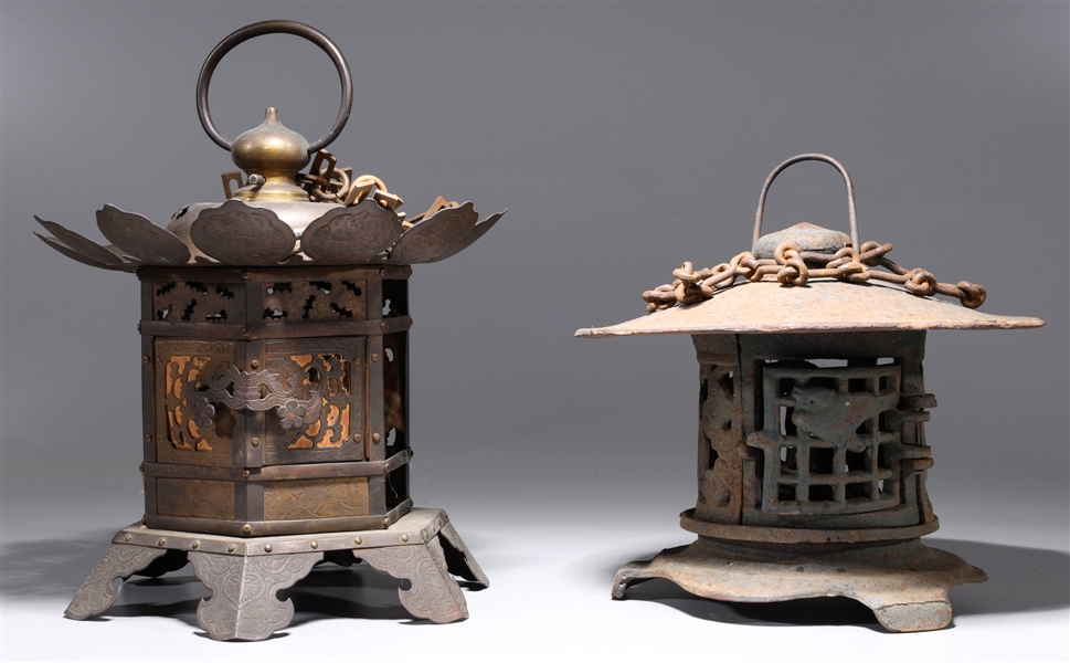 Two antique Japanese metal lamps,
