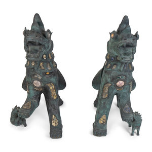 A Pair of Chinese Stone-Inset Bronze