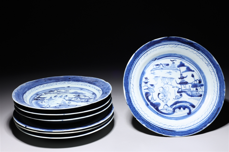 Seven blue and white antique Chinese