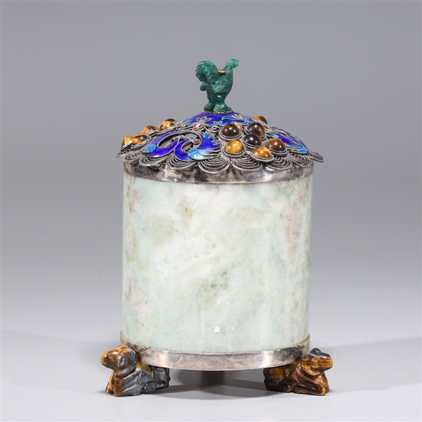 Silver mounted jadeite and enameled