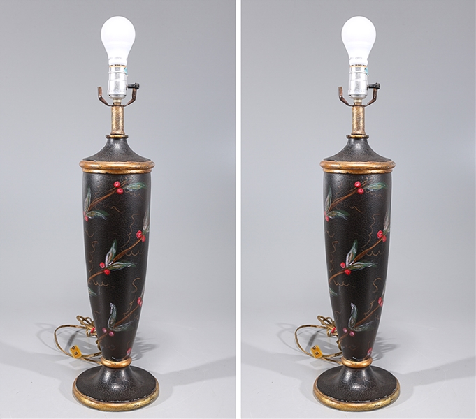 Pair of gilt wood lamps with painted