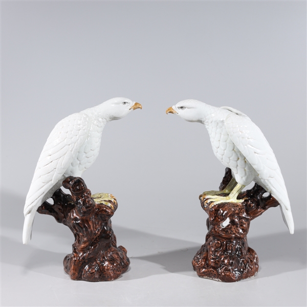 Pair of Chinese porcelain hawk statues;