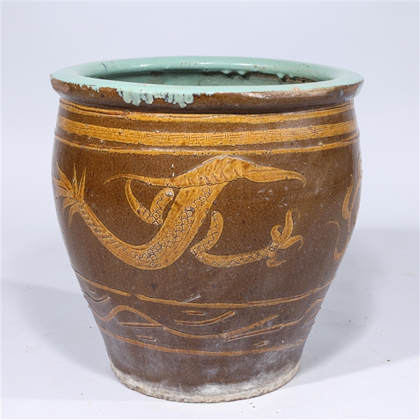 Chinese ceramic dragon jar; some wear,