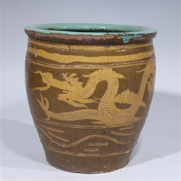 Chinese ceramic dragon jar; some wear,