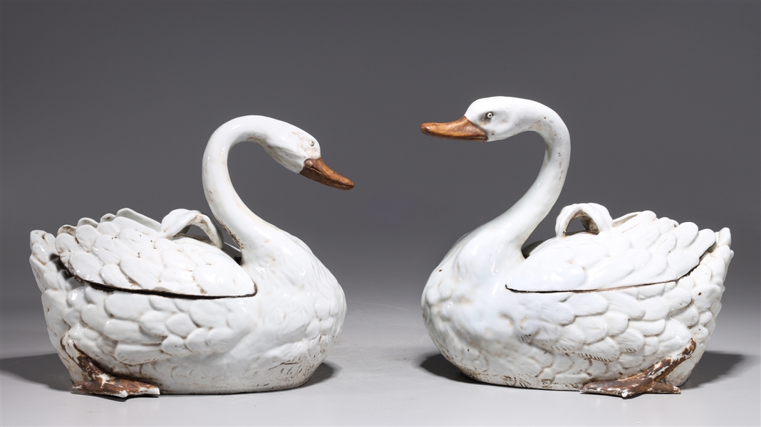 Two Chinese porcelain covered swan shaped