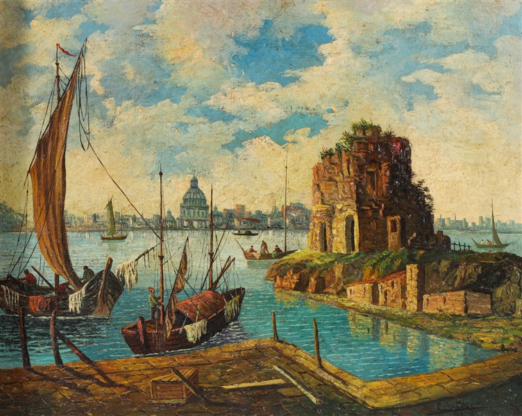 Oil on canvas of a harbor scene  2ac3ce