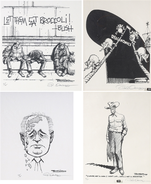 Group of six framed political cartoon