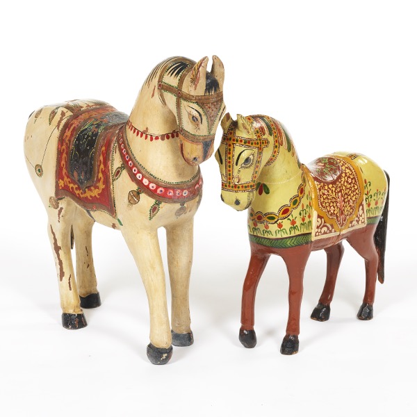 TWO FOLK ART PAINTED HORSES  Two