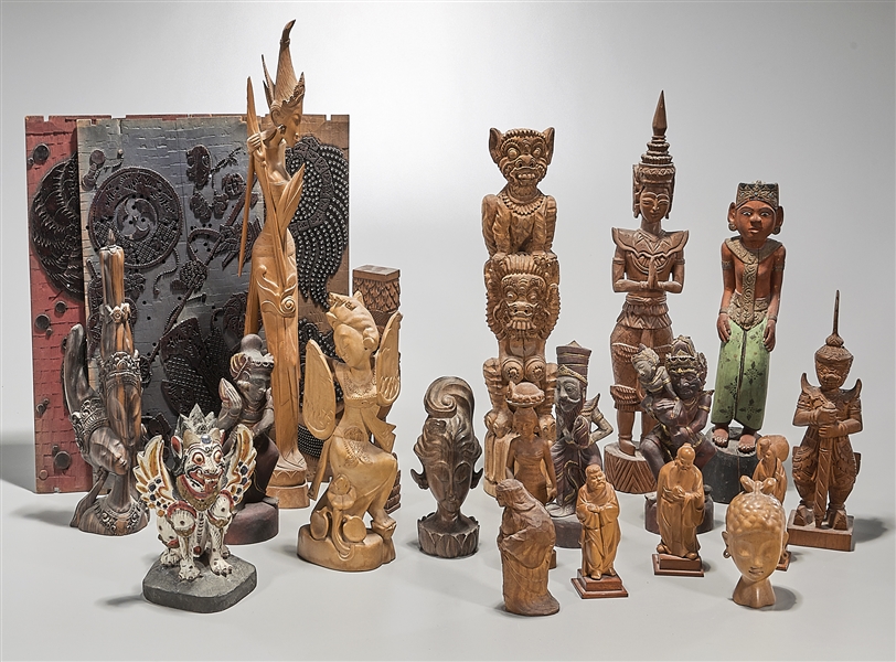 Group of various wood carvings;