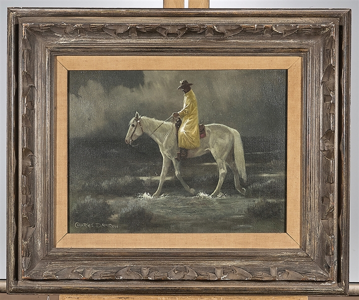 Oil painting of a cowboy on horseback