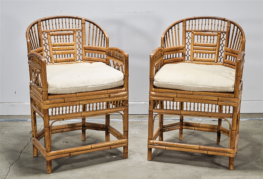 Pair of bamboo curved-back armchairs;